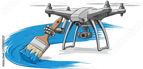 Cartoon drone with robotic arm painting blue streak