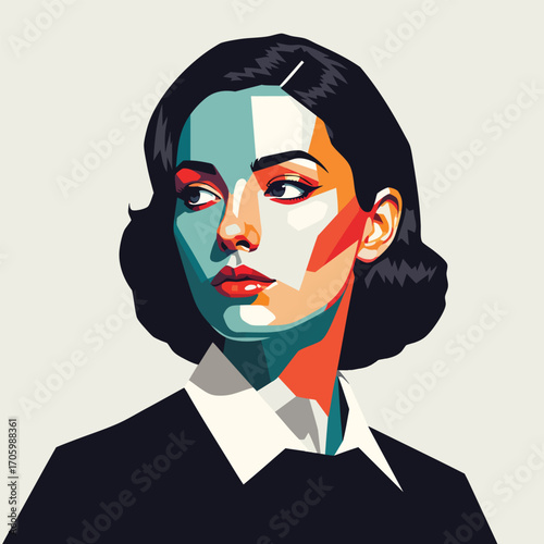 Bold graphic illustration of a pensive woman with a vintage hairstyle and colorful geometric face.