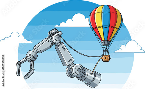 Robot arm holding colorful hot air balloon in the sky.
