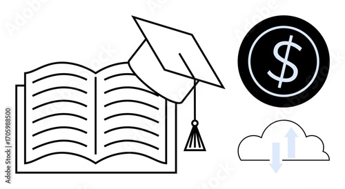 Book with graduation cap symbolizes learning, dollar icon conveys financial aspect, cloud with arrows hints at technology and online interaction. Ideal for learning, finance, technology, investment