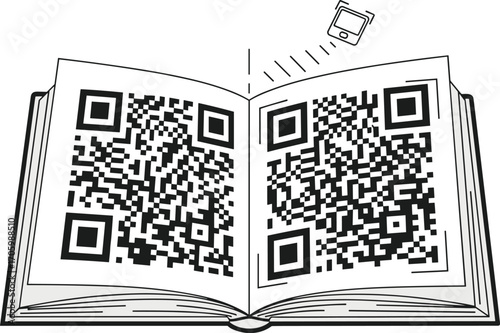 Open book with QR codes being scanned by a smartphone illustration