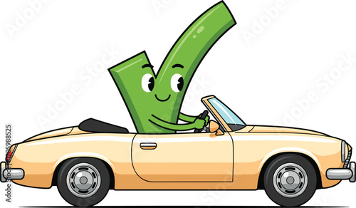 Cartoon check mark driving a convertible car.
