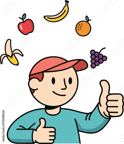 Cartoon man juggling fruit and giving thumbs up signs