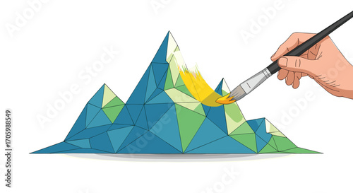 Painting abstract polygonal mountain landscape with yellow brush stroke
