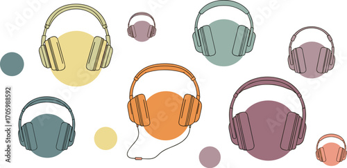 Stylized headphones vector collection with dots and circle shapes.