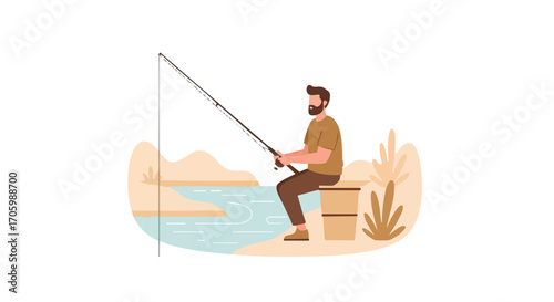 A bearded man in casual clothes sitting by a river and holding a fishing rod.