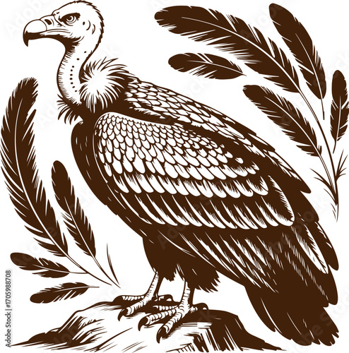 Majestic Vulture Illustration Standing on a Rocky Perch with Feathers