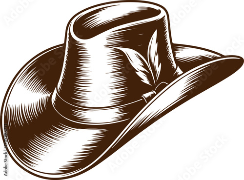 Vintage Cowboy Hat Illustration in Brown Tones with Feather Accent