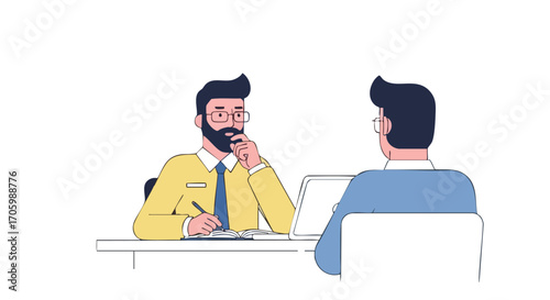 A bearded manager with glasses thoughtfully interviews a job candidate at his office desk.