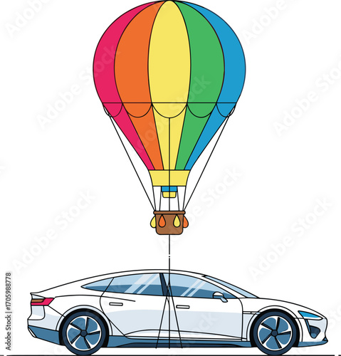 Cartoon illustration of hot air balloon tethered to modern car.