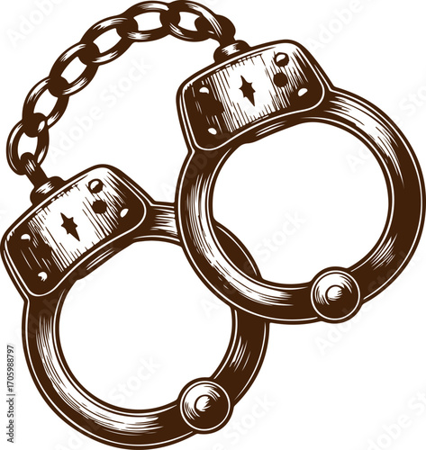 Vintage woodcut style illustration of metal handcuffs for crime and justice concepts