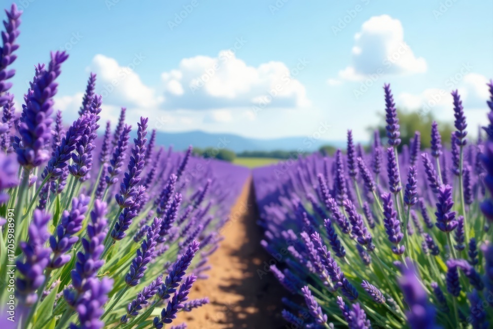 Obraz premium Rows of lavender plants in full bloom, under a clear sky , nature, relaxation