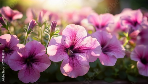 Delicate Pink Petunia Flowers On A Sunny Summer Day In A Flower Bed