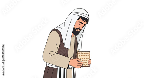A biblical man in traditional robes holding a stack of unleavened matzah bread.