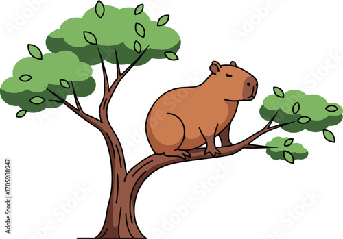 Capybara sitting on a tree branch cartoon illustration