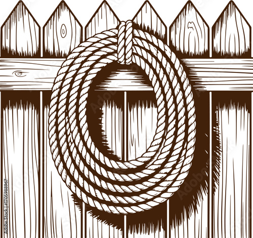 Vintage woodcut style drawing of a coiled rope on a rustic wooden plank fence