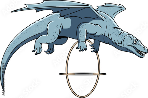 Cartoon blue dragon balancing on hoop.