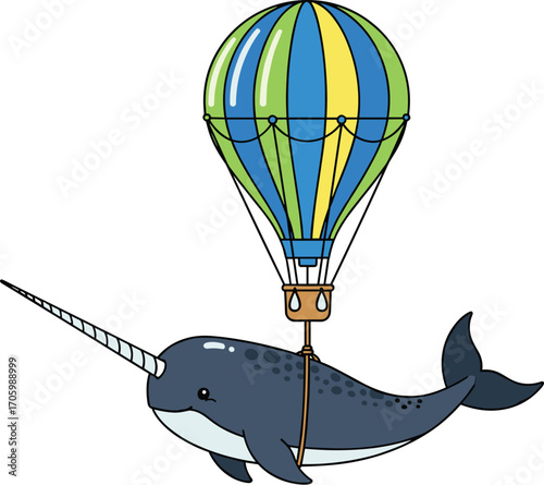 Cartoon narwhal flying with a hot air balloon, simple vector illustration