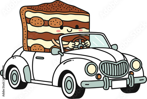 Cartoon cake slice driving a white convertible car.