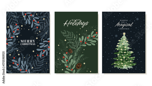 Magical Christmas And New Year Cards in a typographic format with branches of thuja, pine, red berries and a Christmas Tree In Watercolor Style. Vector Templates