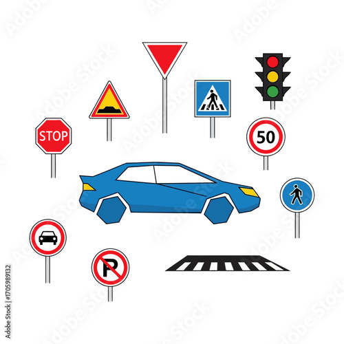 General traffic laws and regulations with car, road signs and traffic lights isolated on white background
