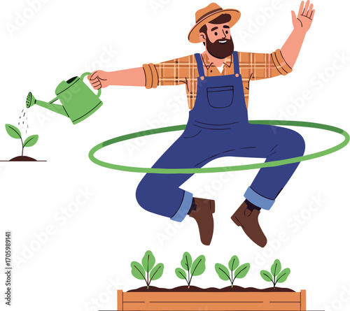 Happy farmer jumps, waters plants, and uses a hula hoop. Vector illustration.