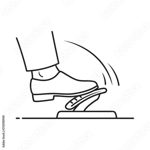 A black and white line drawing of a foot pressing a car pedal isolated on white background