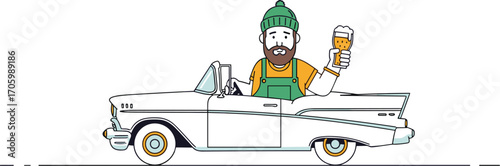 Cartoon man driving vintage convertible holding a beer glass