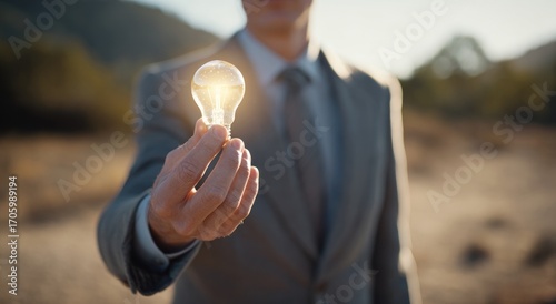 A smartly dressed person holds a glowing light bulb in front of a natural, arid landscape, symbolizing innovation and inspiration in a serene setting