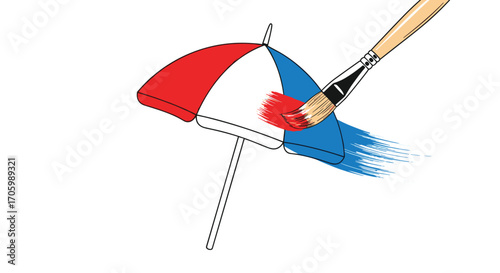 Beach umbrella painted with red and blue brushstrokes illustration