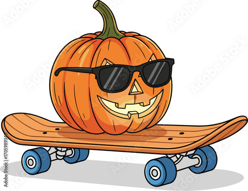 Cool cartoon pumpkin with sunglasses rides skateboard