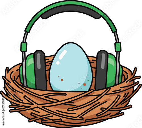 Egg with headphones in a bird's nest vector illustration