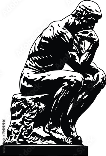 Silhouette vector of The Thinker sculpture in black and white representing philosophy, introspection, art, and intellectual contemplation design