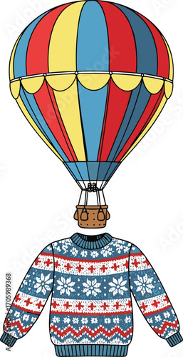 Cartoon hot air balloon above ugly Christmas sweater