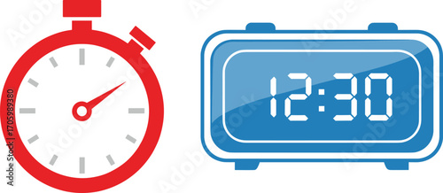 Analog Stopwatch and Digital Alarm Clock Icons Representing Timekeeping, Measurement, Scheduling and Productivity Concepts