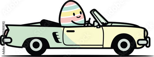 Cartoon Easter egg driving a convertible car with a smile