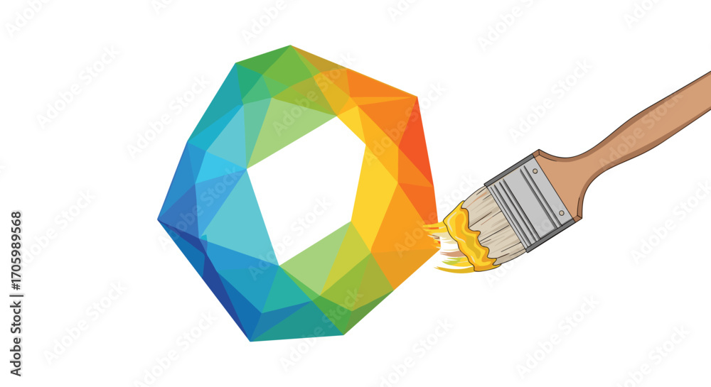Colorful polygon shape is painted with yellow paint from paintbrush.