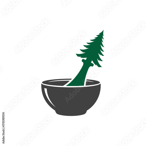  a simple logo featuring a mortar and pestle.
