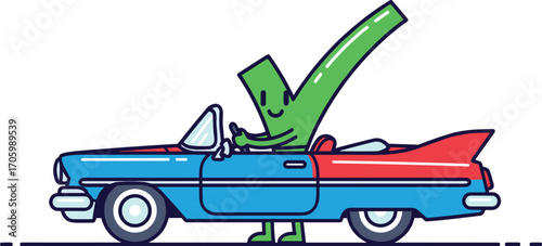 Cartoon checkmark drives a convertible car.