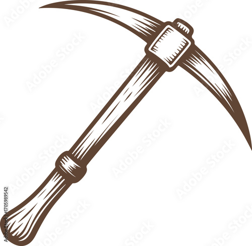 Vintage pickaxe mining tool with a wooden handle in a retro engraved style illustration