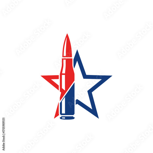 a logo featuring a stylized bullet and a star.

The bullet is centrally positioned, with its casing colored blue and its projectile tip colored red. 