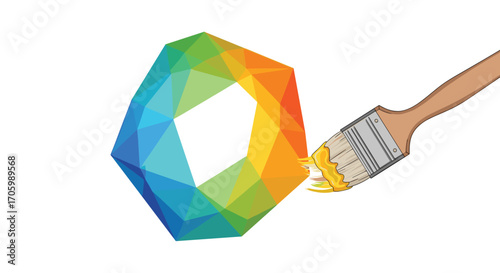 Colorful polygon shape is painted with yellow paint from paintbrush.