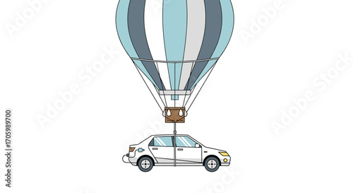 Cartoon electric car hanging from air balloon