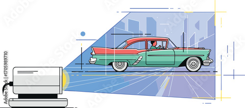 Retro car projected from projector, driving on blue road vector illustration