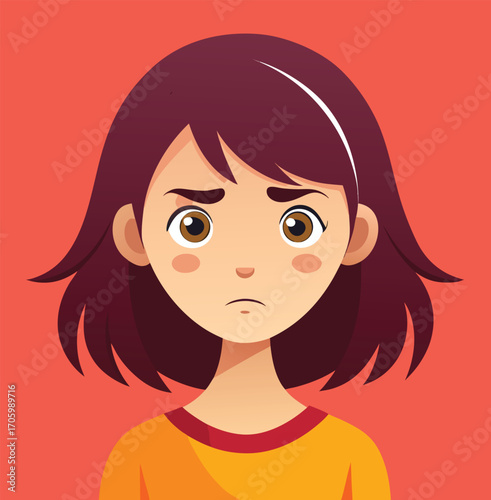 "Vector Illustration of Unhappy Girl with Red Background"