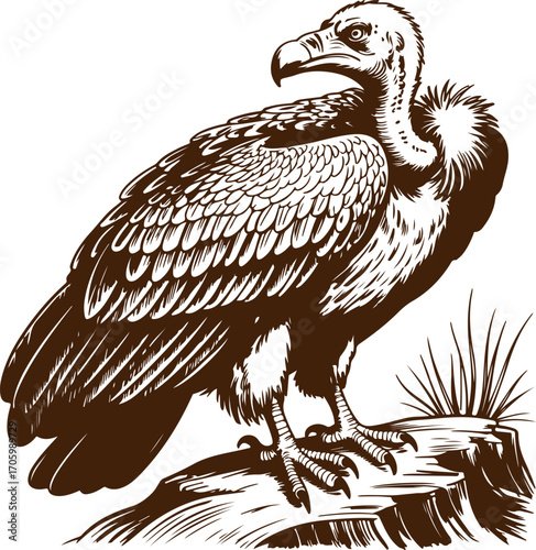 Vintage Stylized Illustration of a Majestic Vulture Perched on a Rocky Outcrop in its Natural Habitat