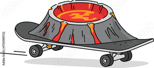 Volcano on skateboard illustration, lava flowing, moving skateboard
