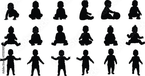 Silhouette vector of twenty baby poses including crawling, sitting, standing, and reaching in black and white developmental motion design