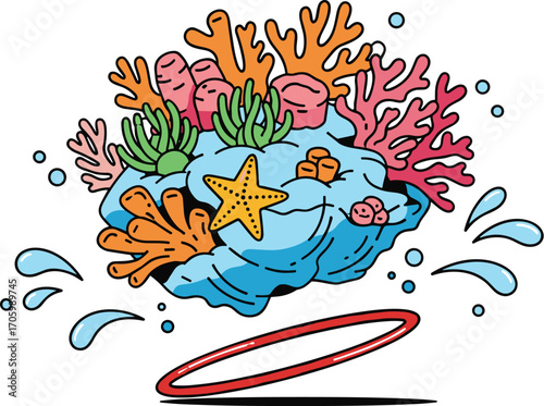 Cartoon coral reef with starfish above red ring