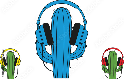 Three cartoon cacti wear headphones of different colors.
